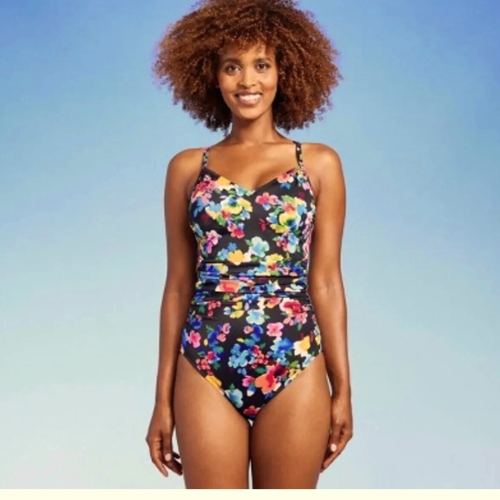 Aqua Green Black,Gold,blue and pink One Piece Swimsuit,Floral design size M&S